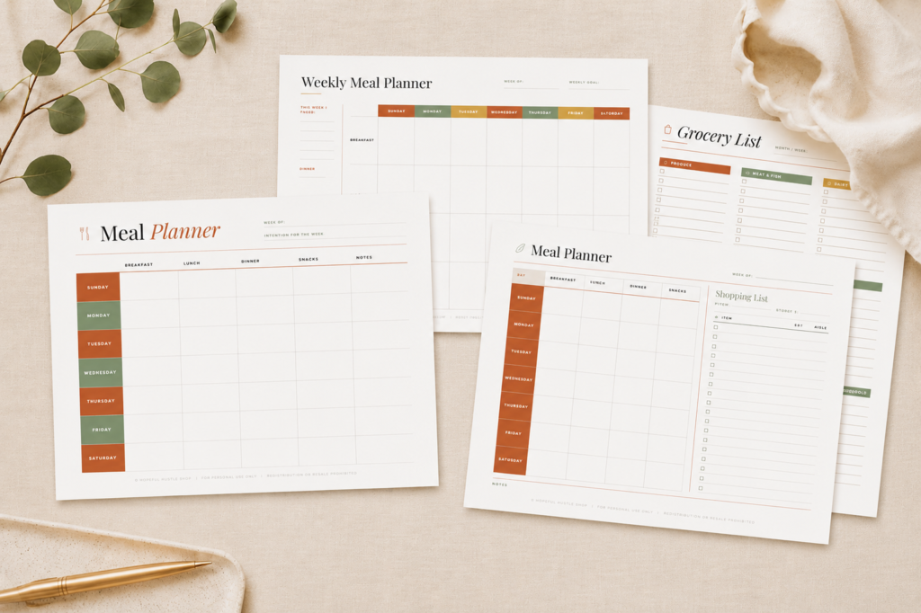 Free weekly meal plan template and grocery list printable in terracotta and sage on a kitchen counter
