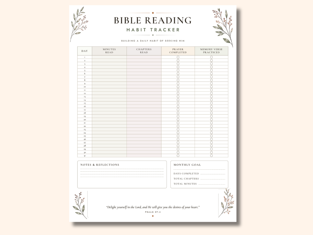 Free Bible reading tracker printable with watercolor greenery — one page, days 1–31, with prayer and memory verse checkboxes