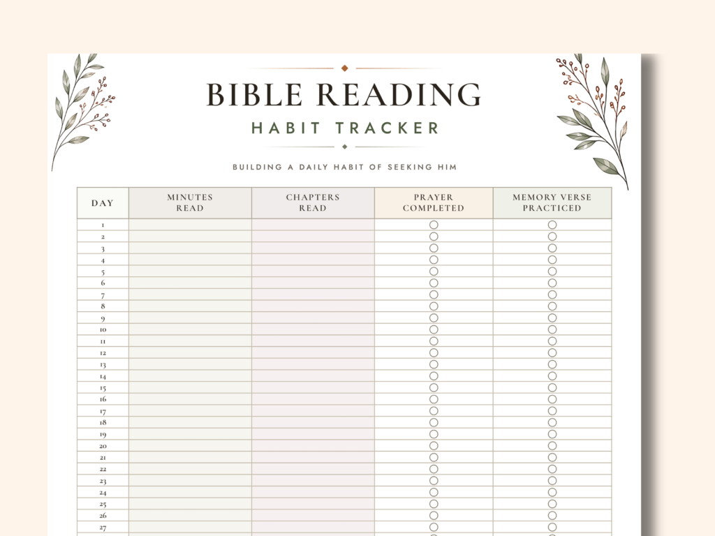 Free Bible reading tracker printable with watercolor greenery — one page, days 1–31, with prayer and memory verse checkboxes