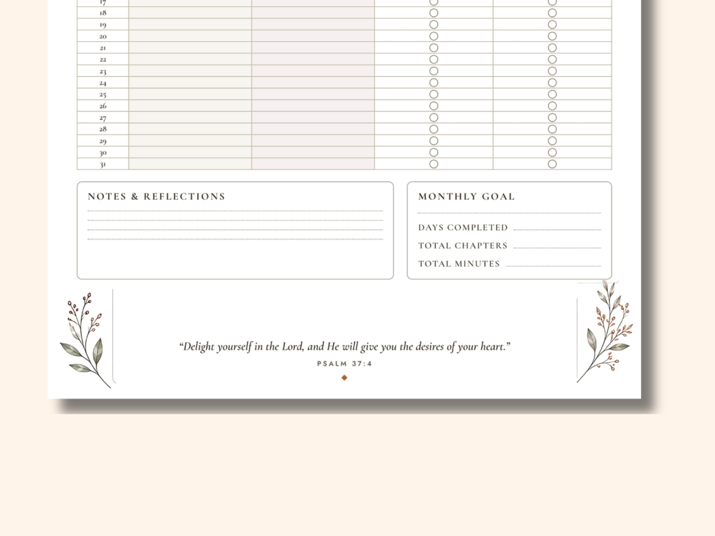 Free Bible reading tracker printable with watercolor greenery — one page, days 1–31, with prayer and memory verse checkboxes