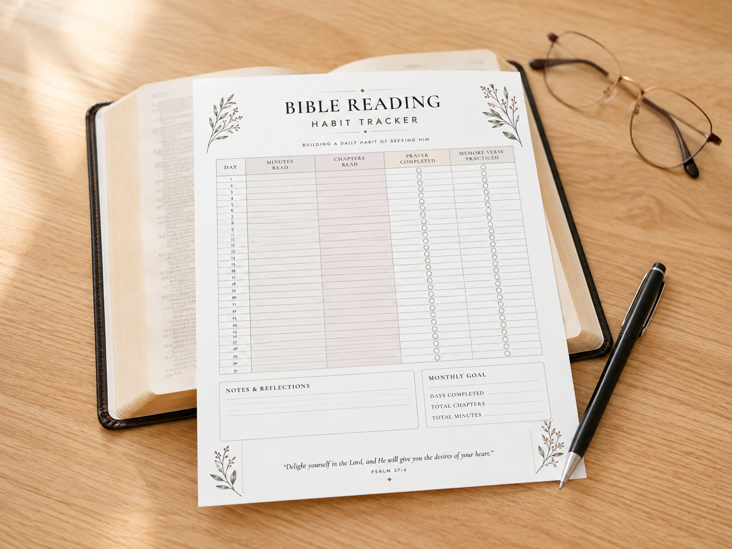 Free Bible reading tracker printable with watercolor greenery — one page, days 1–31, with prayer and memory verse checkboxes