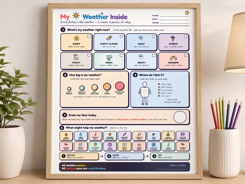 Framed printable feelings chart for kids on a light wood desk beside a plant, colored pencils, and a desk lamp